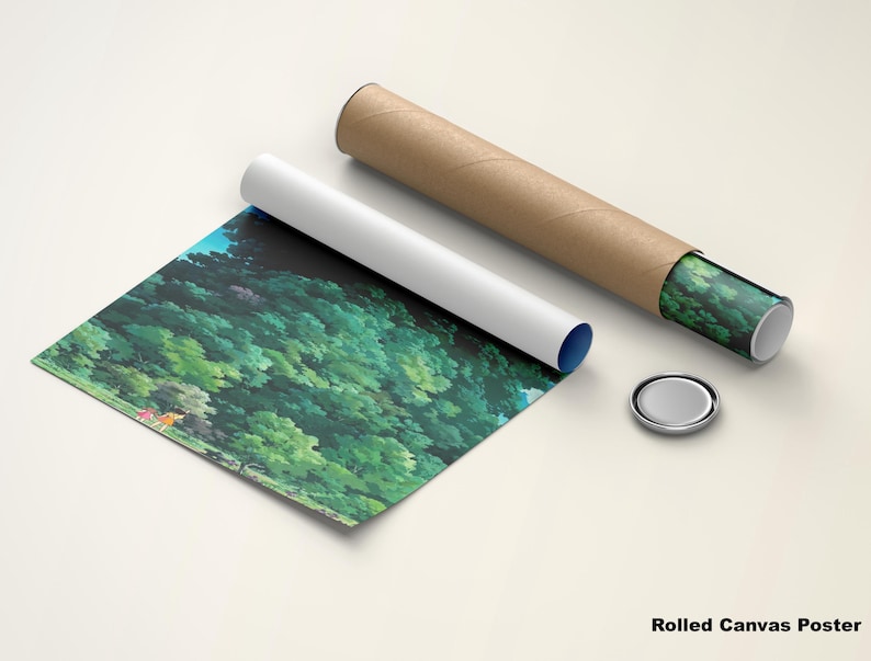 May include: Rolled canvas poster depicting a lush forest scene with green trees and a hint of blue sky. The poster is partially unrolled, showing the artwork, alongside a rolled tube and a silver cap. The text "Rolled Canvas Poster" is visible.