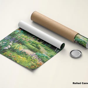 May include: Rolled canvas poster featuring a vibrant garden scene with colorful flowers and a pathway. The poster is partially unrolled, revealing the artwork, and is accompanied by a cardboard tube and a metal cap. The text "Rolled Canvas Poster" is visible.