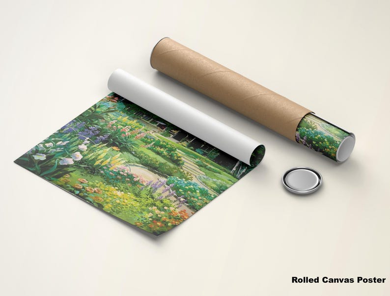 May include: Rolled canvas poster featuring a vibrant garden scene with colorful flowers and a pathway. The poster is partially unrolled, revealing the artwork, and is accompanied by a cardboard tube and a metal cap. The text "Rolled Canvas Poster" is visible.