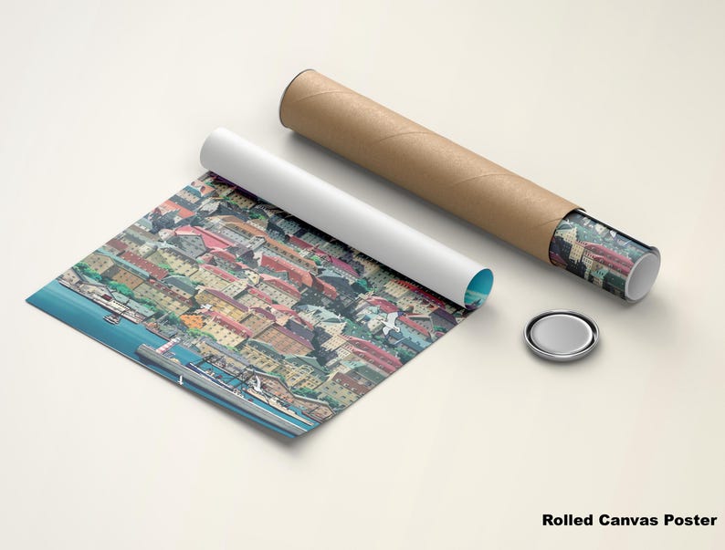 May include: Rolled canvas poster featuring a colorful cityscape with buildings and a river. The poster is partially unrolled, revealing the artwork. A white tube, a brown tube, and a silver cap are also present.