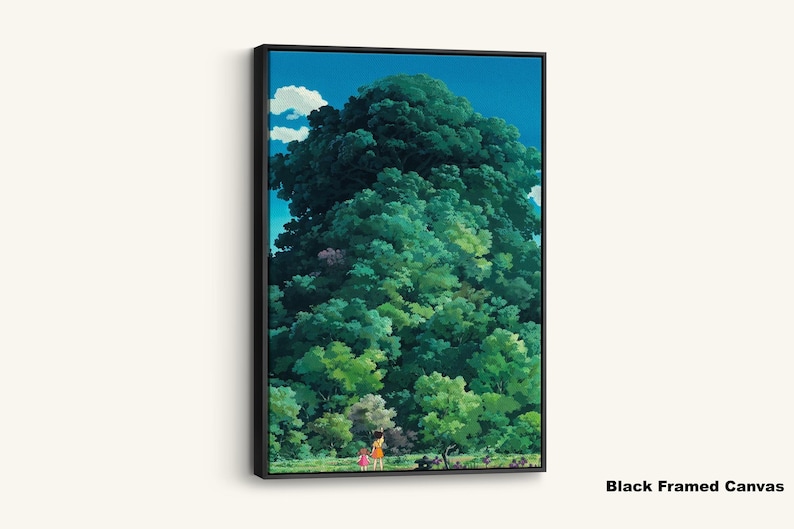 May include: A framed canvas print depicting a detailed illustration of a large, green tree under a blue sky with white clouds. Two figures are at the base of the tree. The canvas is in a black frame.
