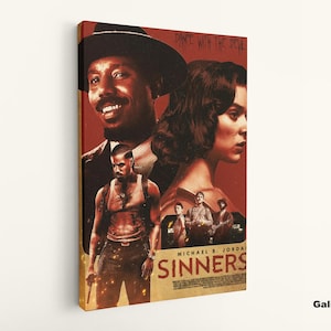 May include: A gallery canvas print featuring a movie poster with a red background. The poster includes images of actors, the title "Sinners", and the text "Dance with the Devil". The canvas is mounted on a wooden frame.