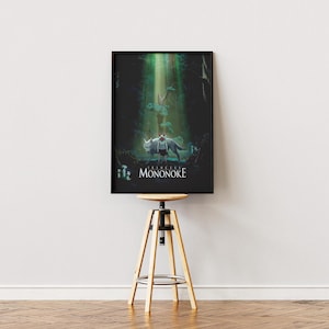 May include: Framed poster featuring a scene from Princess Mononoke. The artwork depicts a figure with a wolf-like creature in a forest setting, with the title text at the bottom. The poster is displayed on a wooden stool.