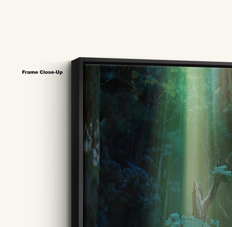 May include: Close-up of a framed canvas print featuring a forest scene with lush green foliage and a dark, moody atmosphere. The frame is black, and the text "Frame Close-Up" is visible on the left.