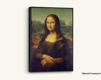 May include: A framed canvas print of the Mona Lisa painting. The artwork features a portrait of a woman with a subtle smile, set against a landscape background. The canvas is framed in a black border.