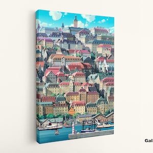May include: A canvas print depicting a vibrant cityscape with colorful buildings and red-tiled roofs under a bright blue sky. The artwork features a harbor scene with boats and a lighthouse. The text "Gallery Canvas" is visible.