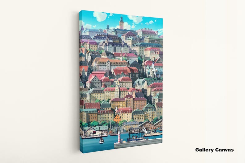 May include: A canvas print depicting a vibrant cityscape with colorful buildings and red-tiled roofs under a bright blue sky. The artwork features a harbor scene with boats and a lighthouse. The text "Gallery Canvas" is visible.