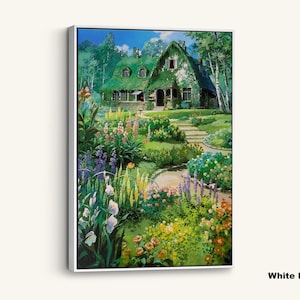 May include: A framed canvas print of a cottage with a green roof, surrounded by a vibrant garden. The artwork features a pathway leading to the house, with colorful flowers and lush greenery. The words "White Framed Canvas" are in the bottom right corner.