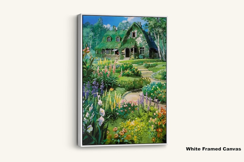 May include: A framed canvas print of a cottage with a green roof, surrounded by a vibrant garden. The artwork features a pathway leading to the house, with colorful flowers and lush greenery. The words "White Framed Canvas" are in the bottom right corner.