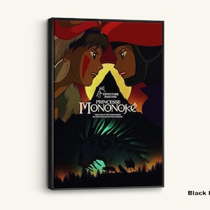 Puede incluir: Impresión en lienzo enmarcada en negro que presenta un póster de la película Princesa Mononoke. La obra de arte muestra a dos personajes enfrentados, con el título de la película y texto japonés. El fondo muestra una escena de bosque.