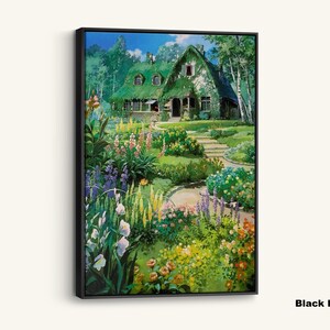 May include: A framed canvas print of a cottage with a green roof, surrounded by a vibrant garden. The artwork features a winding path, colorful flowers, and lush greenery, creating a serene landscape scene.