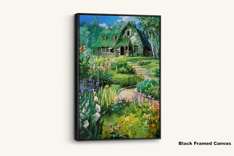 May include: A framed canvas print of a cottage with a green roof, surrounded by a vibrant garden. The artwork features a winding path, colorful flowers, and lush greenery, creating a serene landscape scene.