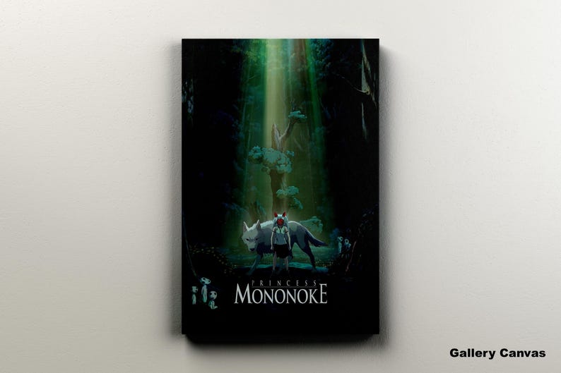 May include: A canvas print featuring a scene from "Princess Mononoke." The artwork depicts a figure with a wolf in a forest setting, with the title at the bottom. The background is dark with a beam of light.