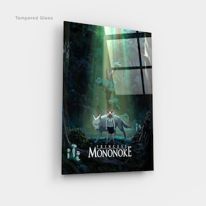 May include: Tempered glass art featuring a scene from "Princess Mononoke." The artwork depicts a girl with a wolf, surrounded by forest spirits and a wolf. The title "Princess Mononoke" is displayed in white font.