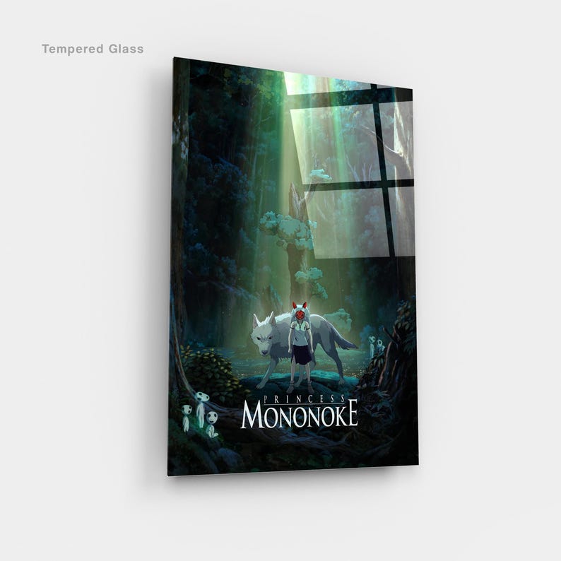 May include: Tempered glass art featuring a scene from "Princess Mononoke." The artwork depicts a girl with a wolf, surrounded by forest spirits and a wolf. The title "Princess Mononoke" is displayed in white font.