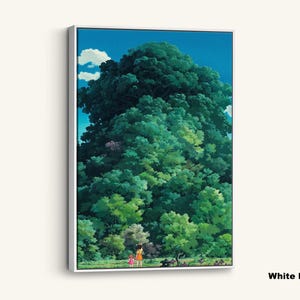 May include: White framed canvas art print depicting a large, verdant tree under a bright blue sky with fluffy white clouds. Two figures stand at the base of the tree. The words "White Framed Canvas" are in the bottom right corner.
