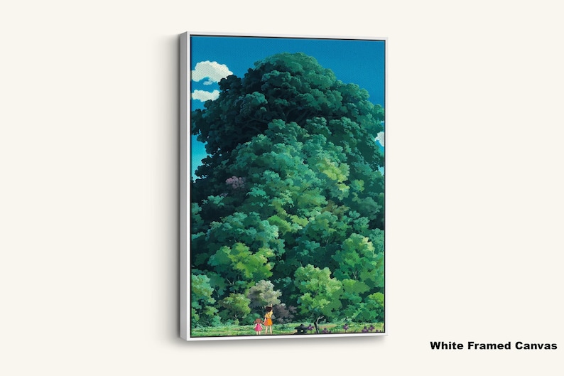 May include: White framed canvas art print depicting a large, verdant tree under a bright blue sky with fluffy white clouds. Two figures stand at the base of the tree. The words "White Framed Canvas" are in the bottom right corner.