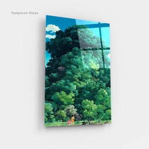 May include: Tempered glass art print depicting a verdant forest scene under a clear blue sky with white clouds. Two figures are in the foreground. The text "Tempered Glass" is in the upper left corner.
