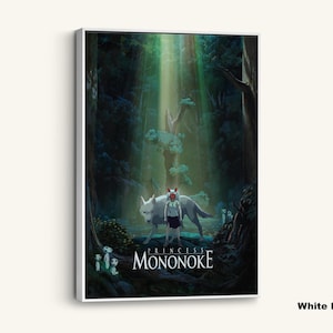 May include: White framed canvas art featuring a scene from Princess Mononoke. The artwork depicts a girl with a wolf in a forest with light rays shining through the trees. The title "Princess Mononoke" is displayed on the canvas.