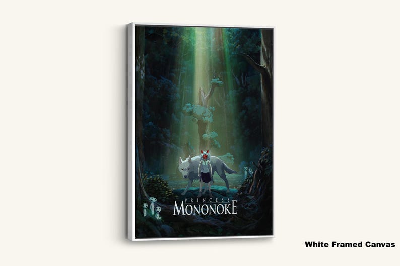 May include: White framed canvas art featuring a scene from Princess Mononoke. The artwork depicts a girl with a wolf in a forest with light rays shining through the trees. The title "Princess Mononoke" is displayed on the canvas.