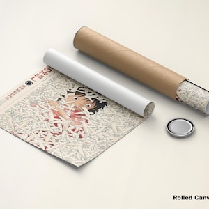 May include: A rolled canvas poster featuring an anime-style illustration with a boy surrounded by white shapes. The poster is partially unrolled, with a white tube and a brown tube next to it. A silver cap is also present.