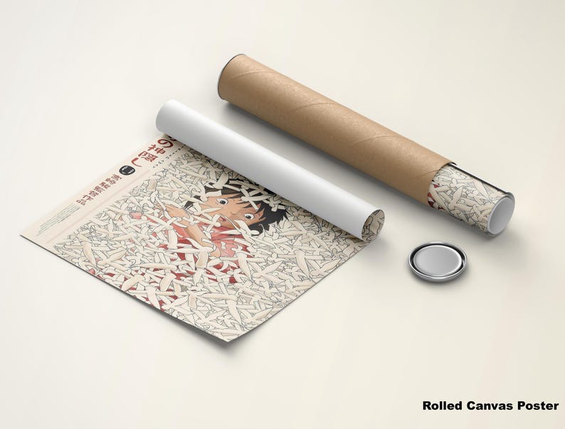May include: A rolled canvas poster featuring an anime-style illustration with a boy surrounded by white shapes. The poster is partially unrolled, with a white tube and a brown tube next to it. A silver cap is also present.
