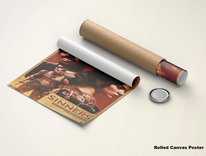 May include: A rolled canvas poster with a movie poster design, featuring the word "Sinners" and images of people. The poster is partially unrolled, next to a white tube and a brown cardboard tube. A silver cap is also present.