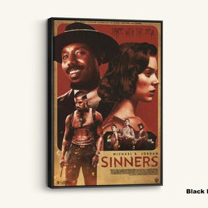May include: A framed canvas print featuring a movie poster with the title "Sinners." The poster has a vintage aesthetic with images of actors and the text "Dance with the Devil." The canvas is in a black frame.