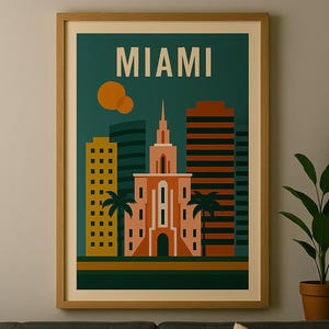 Art mural moderne sur la ligne d&#39;horizon de Miami - affiche imprimable de South Beach en Floride - téléchargement numérique paysage urbain rétro - impression d&#39;art de voyage colorée et audacieuse