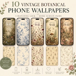 May include: Ten vintage botanical phone wallpapers featuring five matching lock and home screen pairs. The designs include illustrations of mushrooms, birds, flowers, and foliage in muted earth tones, displayed on five smartphone screens.