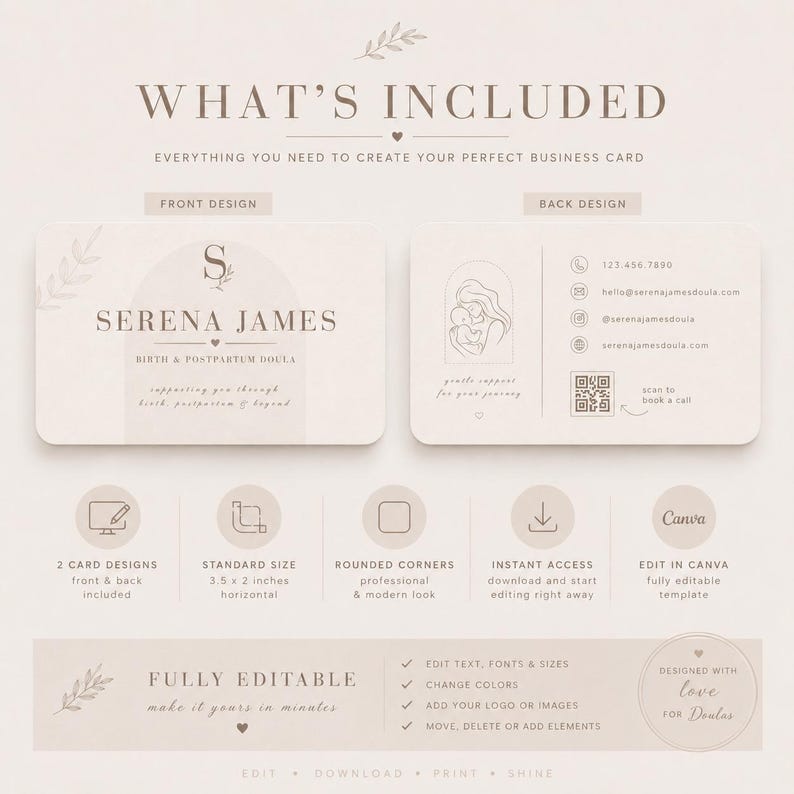 Doula Rack Card Examples Doula Business Card Template, Editable Canva Branding (digital Download ...