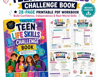 Op de afbeelding: Een 28-pagina tellend printbaar PDF-werkboek getiteld Teen Life Skills Challenge Book. De omslag toont vier diverse tieners en kleurrijke afbeeldingen. Bevat werkbladen voor doelstellingen, dagelijkse routines en geldzaken.