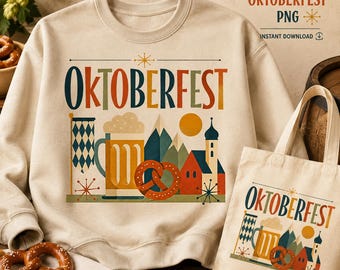 May include: A beige crewneck sweatshirt and a matching tote bag, both featuring a graphic print with the text "OKTOBERFEST" above illustrations of a beer mug, a pretzel, mountains, a sun, and a building, accented by star-shaped motifs.