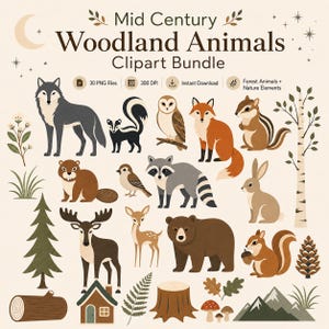 Pode incluir: Um pacote de clipart digital intitulado Mid Century Woodland Animals com ilustrações de lobo, gambá, coruja, raposa, esquilo, castor, pássaro, guaxinim, coelho, veado, urso, esquilo, árvores, cabana, folhas, cogumelos e montanhas em fundo creme.