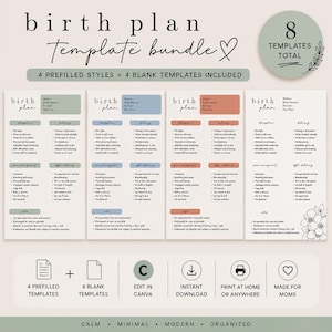 Peut inclure: Un ensemble de modèles de plan de naissance numériques avec quatre styles préremplis et quatre modèles vierges. Le design est minimaliste avec une esthétique calme et moderne. Le texte comprend "birth plan" et "Template bundle".