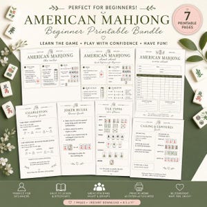 May include: A printable American Mahjong beginner bundle featuring seven pages of rules, cheat sheets, score sheets, and guides. The documents include text, diagrams, and illustrations of Mahjong tiles, surrounded by scattered physical game tiles.