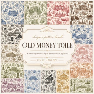 Puede incluir: Una colección digital de 16 patrones toile sin costuras con ilustraciones detalladas de fincas, deportes y naturaleza en varios colores. La etiqueta central dice: designer pattern bundle OLD MONEY TOILE 16 matching seamless digital papers in hi res jpg format 12 x 12 300 DPI.