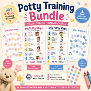 May include: Potty training bundle with visual and reward charts. Includes girl and boy versions. The bundle features charts with steps, reward charts, and the text "I DID IT!" and "Instant Download". The printable PDF is 8.5 x 11 inches.