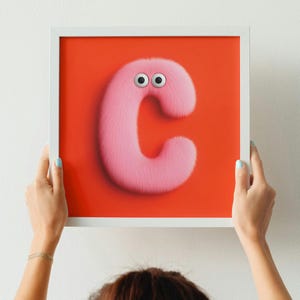 Letter C Printable Wall Art - Fuzzy 3D Pink Alphabet Poster - Square Digital Nursery Print (20x20in)