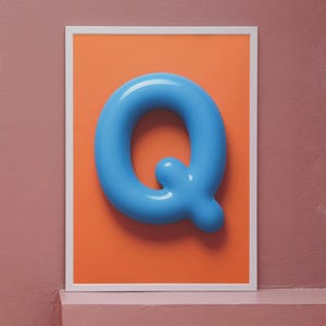 Impresión de la letra Q para guardería - Arte mural con el alfabeto de burbujas azules - Descarga digital para habitación infantil - Póster moderno del ABC para habitación de bebé o niño pequeño