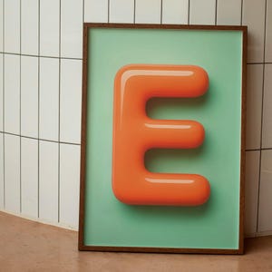 Letter E Nursery Print - Orange Bubble Alphabet Wall Art - Kids Room Digital Download - Modern ABC Poster for Baby or Toddler Room