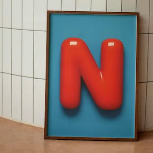 Impresión de la letra N para guardería - Arte mural con el alfabeto de burbujas rojas - Descarga digital para habitación infantil - Póster moderno del ABC para habitación de bebé o niño pequeño
