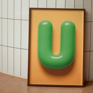 Impresión de la letra U para guardería - Arte mural con el alfabeto de burbujas verdes - Descarga digital para habitación infantil - Póster moderno del ABC para habitación de bebé o niño pequeño