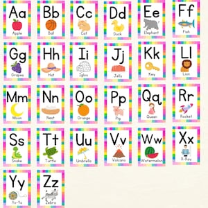 Cartes flash alphabet pour enfants | Cartes de A à Z avec des images et des mots | Majuscules et minuscules | Amusant à imprimer pour les enfants d'âge préscolaire | Téléchargement instantané