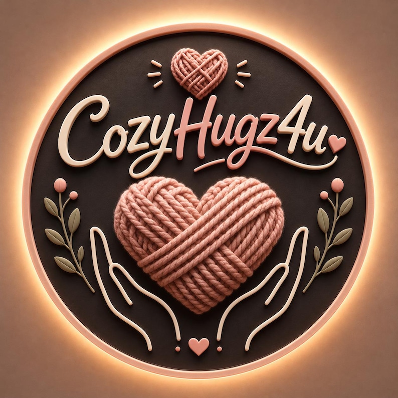 Pu&ograve; includere: Un'insegna da parete circolare con il testo CozyHugz4u in un carattere corsivo rosa chiaro. Il design include un cuore centrale fatto di filato rosa, due mani stilizzate che cullano il cuore, un piccolo cuore di filato sopra e rametti floreali.