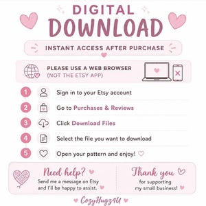 Pu&ograve; includere: Un grafico di istruzioni per il download digitale con un tema rosa chiaro. Descrive cinque passaggi per accedere ai file su Etsy, sottolineando l'uso di un browser web. Include icone per account, acquisti e download, oltre a una sezione di aiuto.