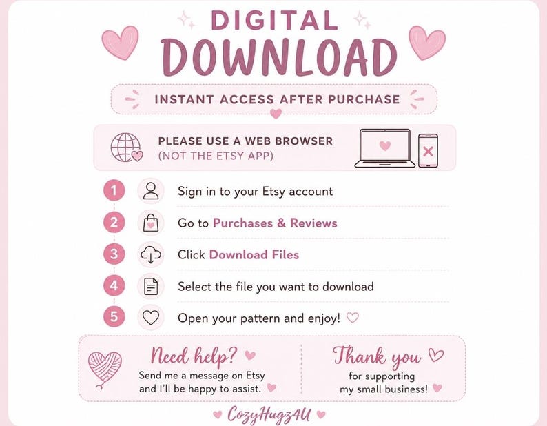 Pu&ograve; includere: Un grafico di istruzioni per il download digitale con un tema rosa chiaro. Descrive cinque passaggi per accedere ai file su Etsy, sottolineando l'uso di un browser web. Include icone per account, acquisti e download, oltre a una sezione di aiuto.