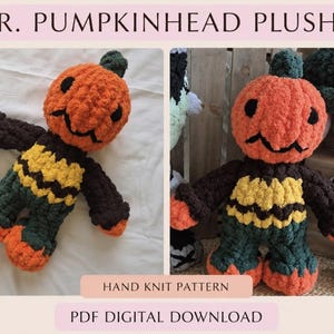 以下が含まれることがあります： Mr. Pumpkinheadのぬいぐるみ手編みパターンPDFデジタルダウンロード。ぬいぐるみは、黒い目と縫い付けられた口を持つ丸いオレンジ色のカボチャの頭、茶色と黄色の縞模様の胴体、濃い緑色の脚、オレンジ色の足が特徴です。