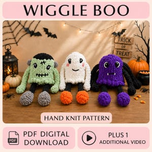 May include: Three plush crochet toys labeled WIGGLE BOO and HAND KNIT PATTERN. The left toy is a green monster with black hair and grey feet. The center toy is a white ghost with orange feet. The right toy is a purple spider with black legs.