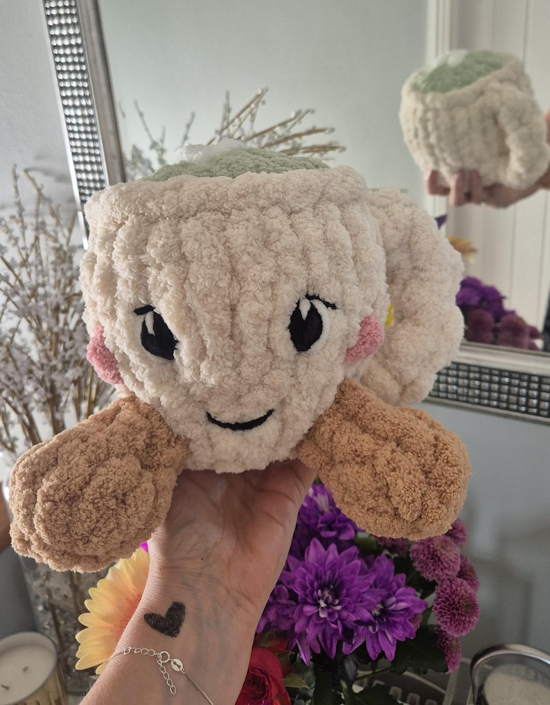Pu&ograve; includere: Un peluche all'uncinetto a forma di tazza color crema con la parte superiore verde chiaro, braccia marroni all'uncinetto e un viso ricamato con occhi neri, un piccolo sorriso e guance rosa. Il filato morbido e testurizzato crea una forma rotonda.